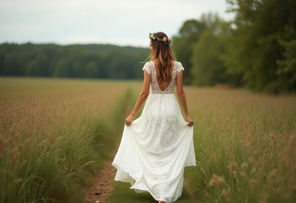 mariage bohème : robe longue en dentelle blanche